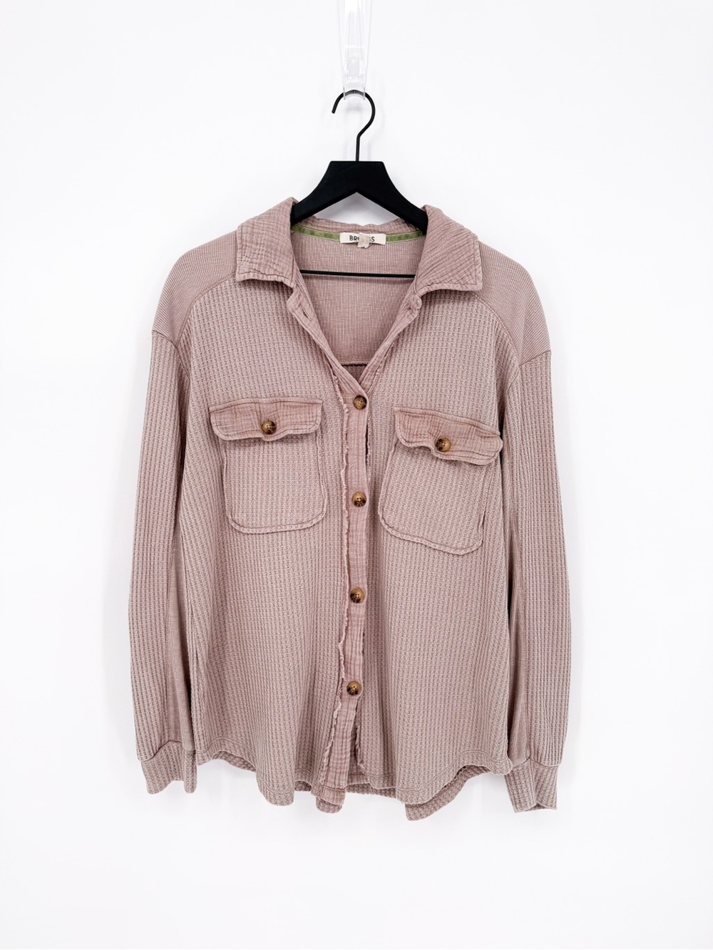 BRIGGS Waffle Knit Shacket Mauve Raw Edge Button Up Top Medium